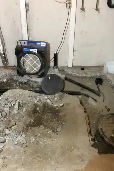 basement floor opened to install sewage ejector pump and underground plumbing