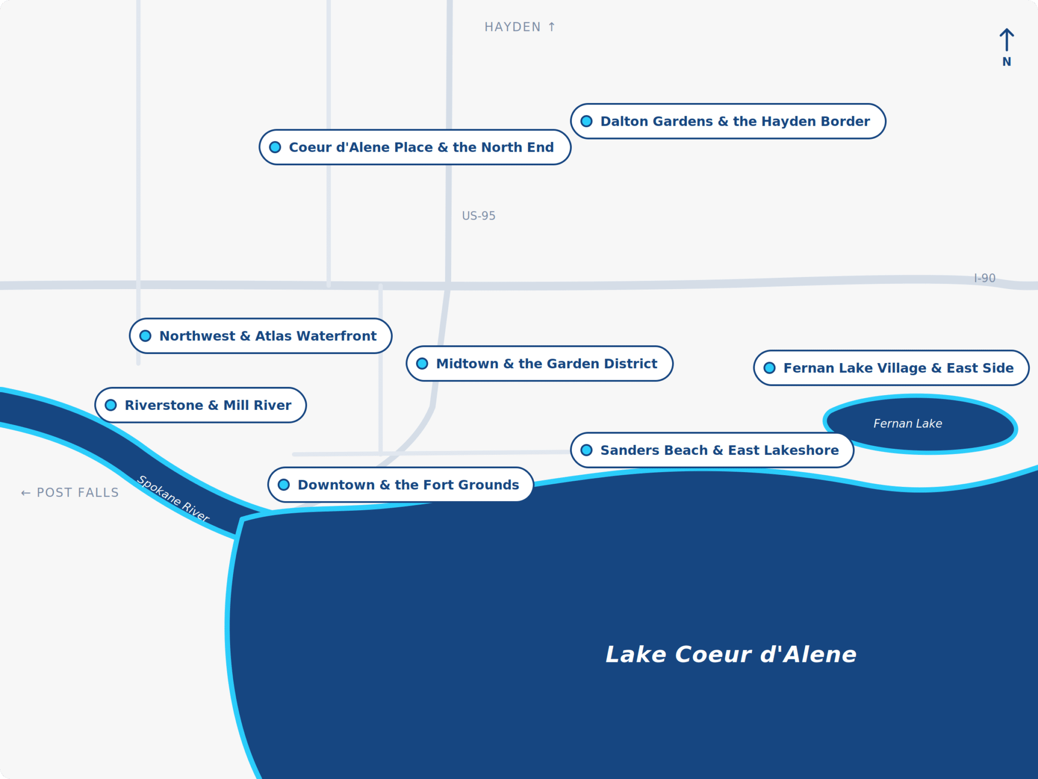 Stylized map of Coeur d’Alene, Idaho showing the neighborhoods Scott’s Plumbing serves, from the lakefront and downtown to the north end