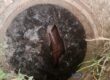 An old clay sewer line had an improvised access hole once used for cabling clogged sewer mains before proper cleanouts were installed.
