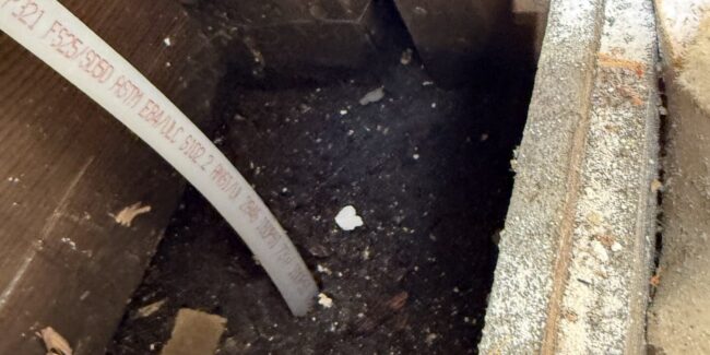 Hidden plumbing leak located using non-destructive leak detection equipment