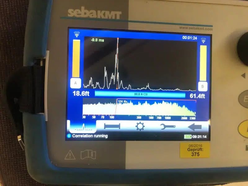 sebakmt leak detection device showing confirmed reading at slab leak location