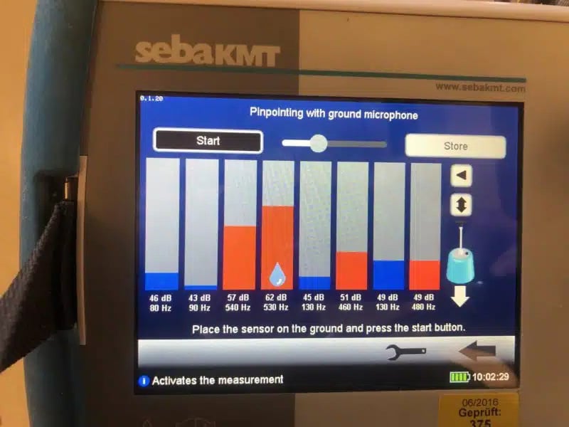 sebakmt leak detection equipment showing initial reading while locating slab leak